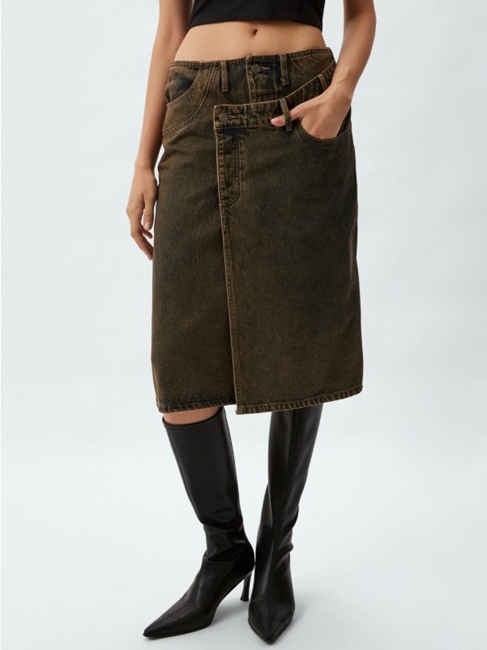 New Guess Olive Green Wrap-Front Denim Midi Skirt